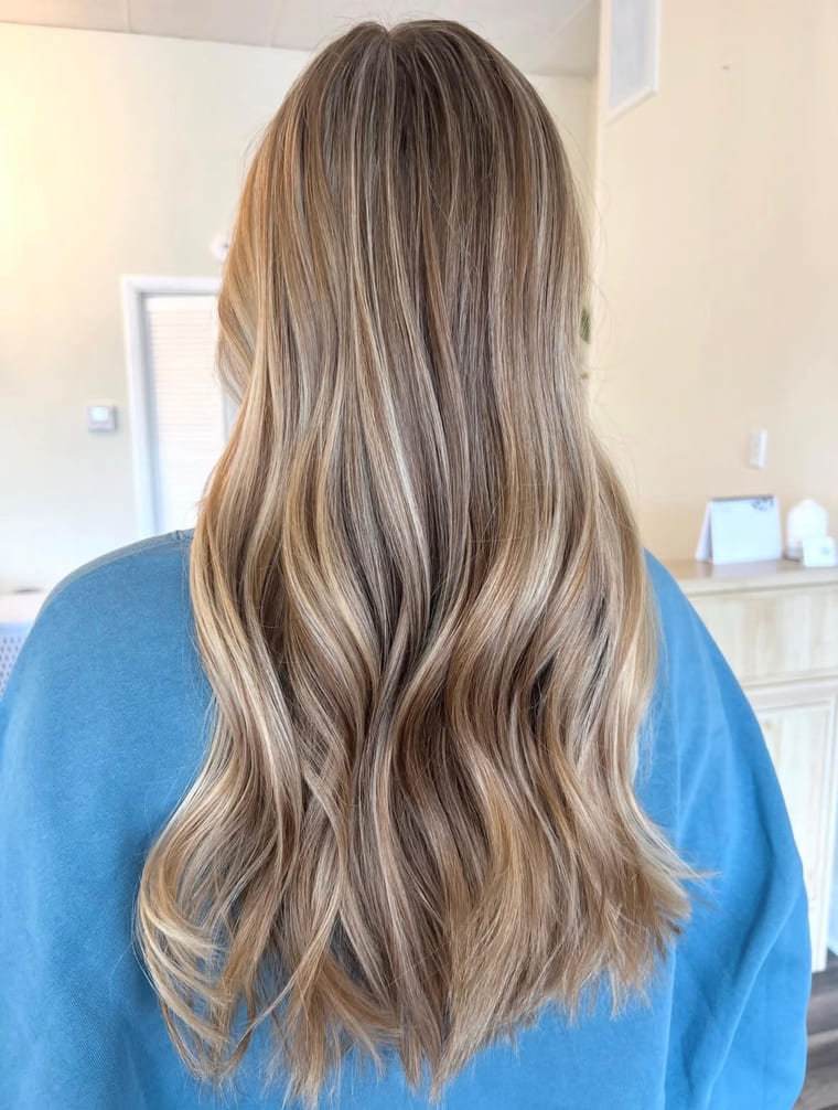 Long dimensional blonde with a soft rooted melt, colored by Amanda