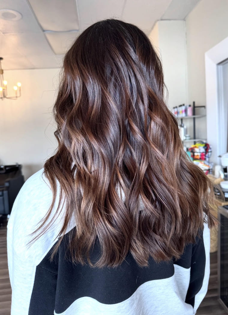 Rich chocolate brunette with warm caramel ribbons, colored by Lauren